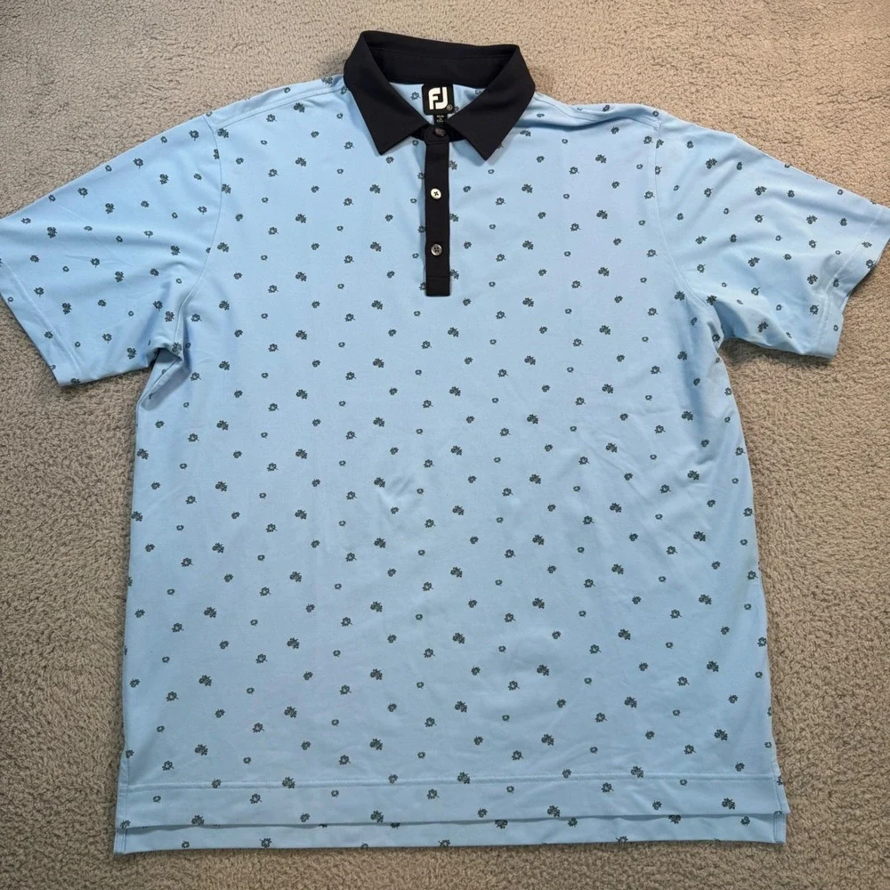 FootJoy‎ Mens XL Golf Polo Shirt Light Blue Flower Print Stretch Short Sleeve